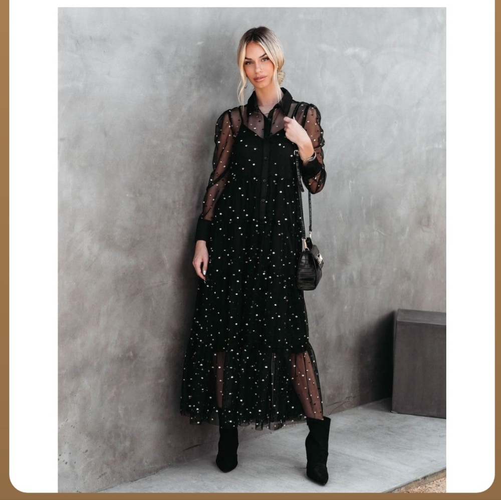 Embroidered Mesh Tiered Dress